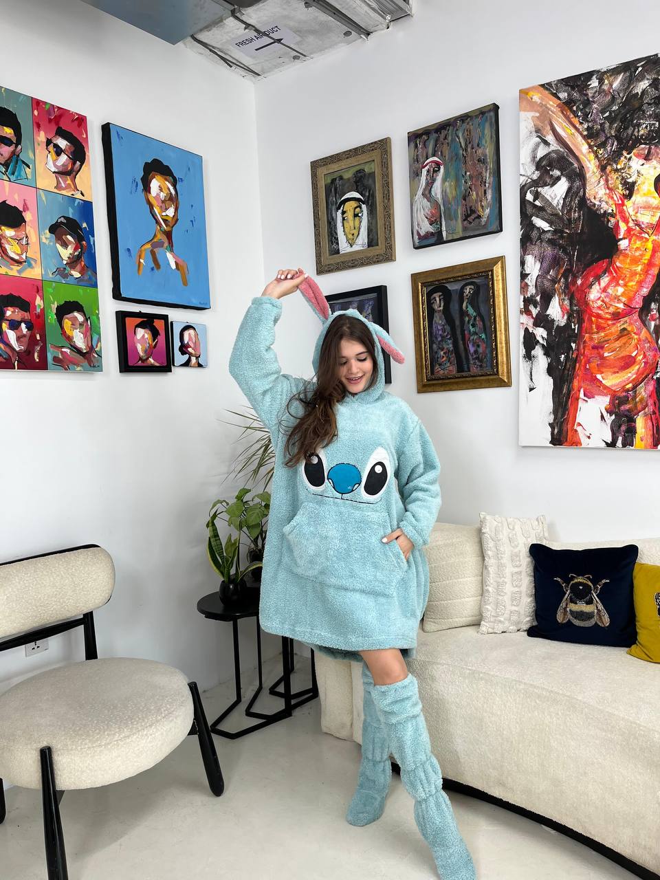 Stitch hoodie blanket with long socks